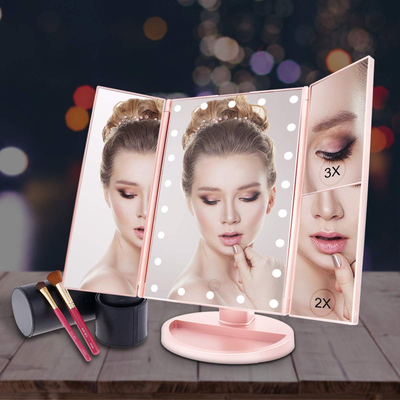 WEILY Makeup Mirror with 21 LED Lights Two Power Supply Modes  Adjustable Touch Screen and 1x/2x/3x Magnification Tri-Fold Vanity Mirror  Chargeable Travel Cosmetic Mirror for Desktop (Pink) - Image 3